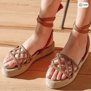 SCHUTZ Bryna Platform Tan Braided Espadrille Tie Sandals